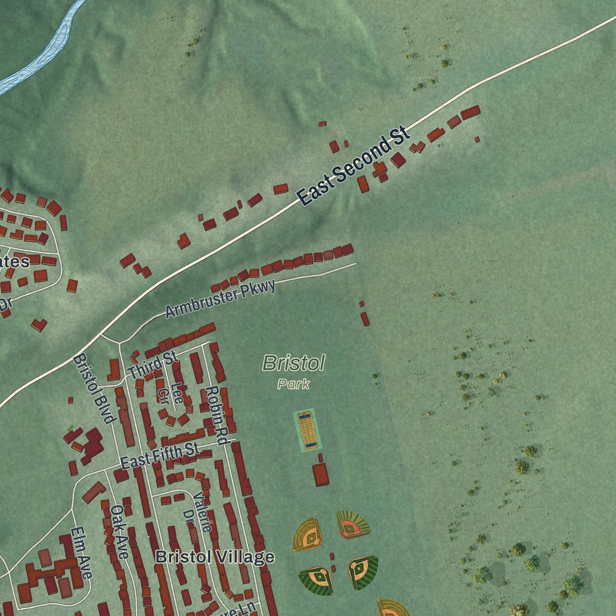 Second close-up of the map of Waverly, Ohio print showing more streets and buildings