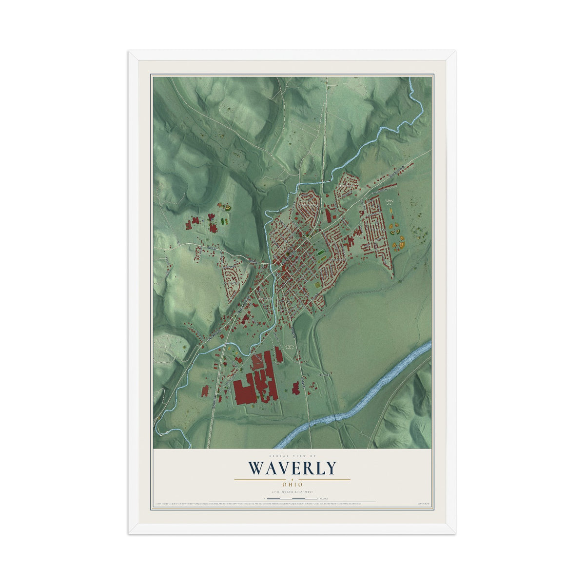 Map of Waverly, Ohio, 12 x 18 inch print in a white wood frame