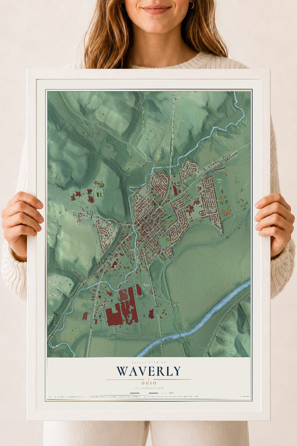 Map of Waverly, Ohio, 18 x 24 inch print in a white wood frame