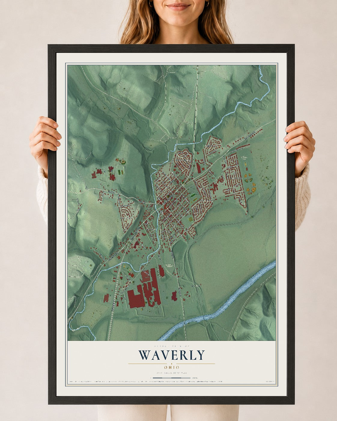 Map of Waverly, Ohio, 24 x 36 inch print in a black wood frame