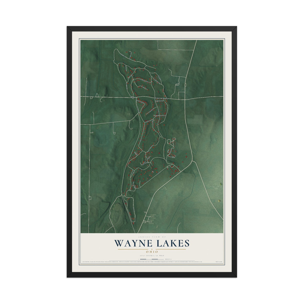 Map of Wayne Lakes, Ohio, 12 x 18 inch print in a black wood frame