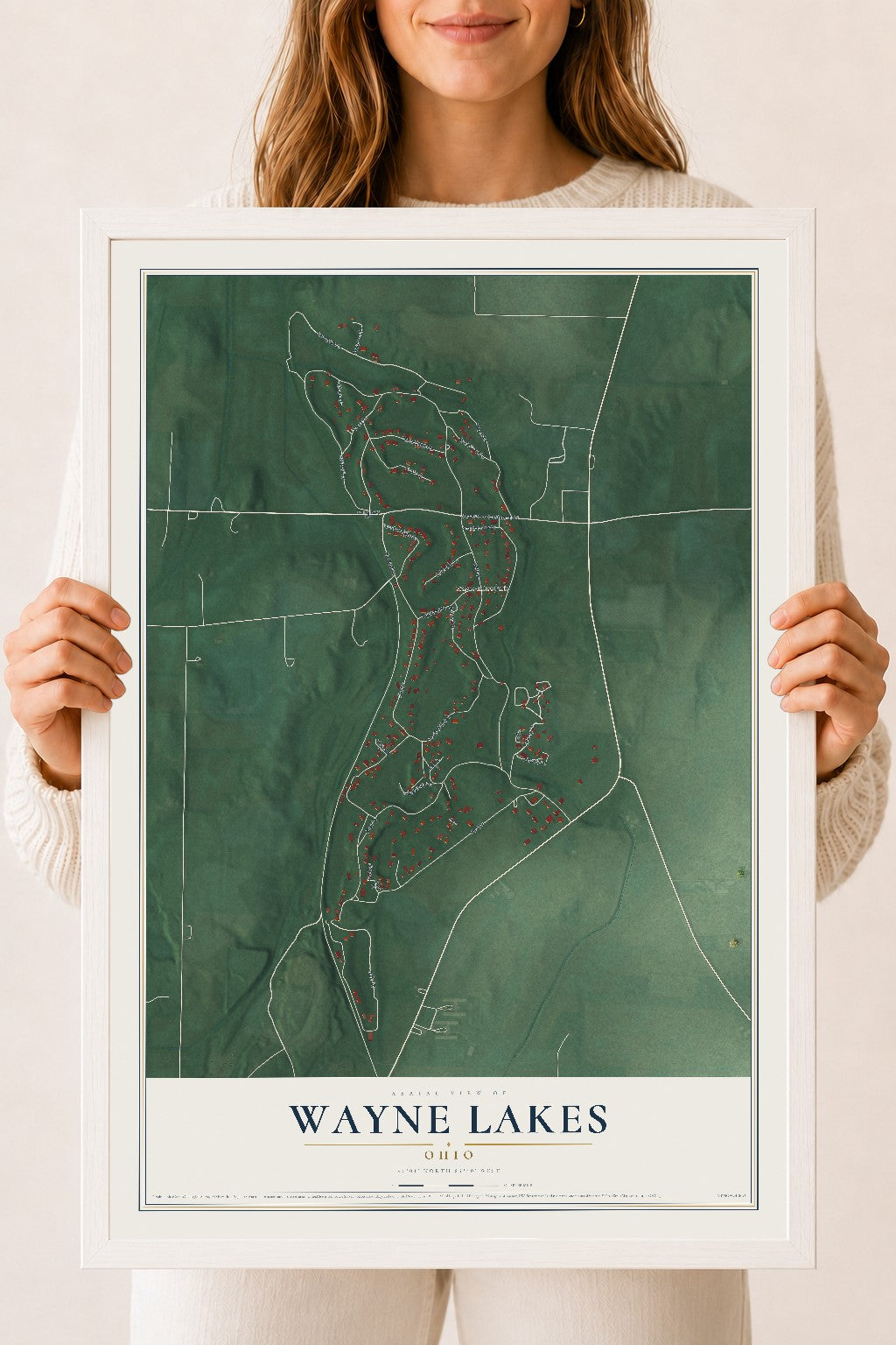 Map of Wayne Lakes, Ohio, 18 x 24 inch print in a white wood frame