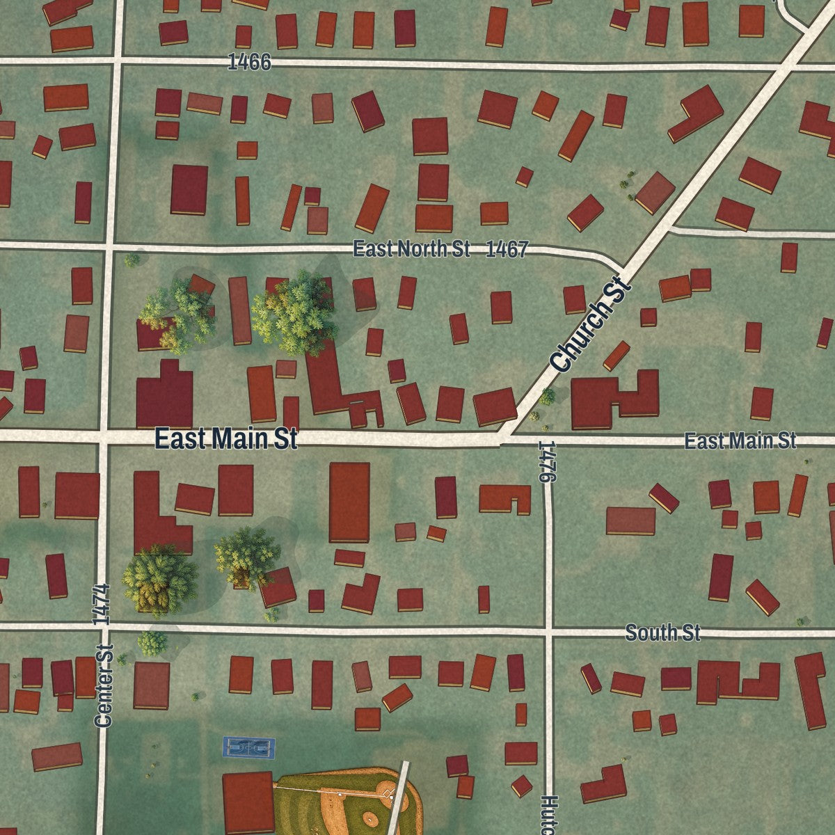Close-up of the map of Wayne, Ohio print showing street and building detail