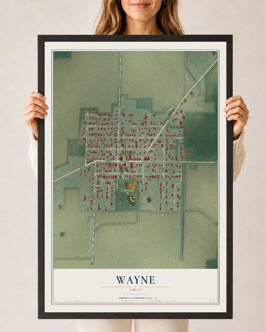 Map of Wayne, Ohio, 24 x 36 inch print in a black wood frame