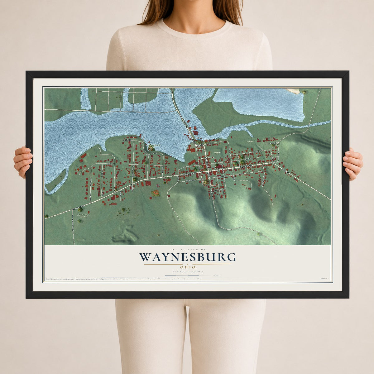 Map of Waynesburg, Ohio, 24 x 36 inch print in a black wood frame