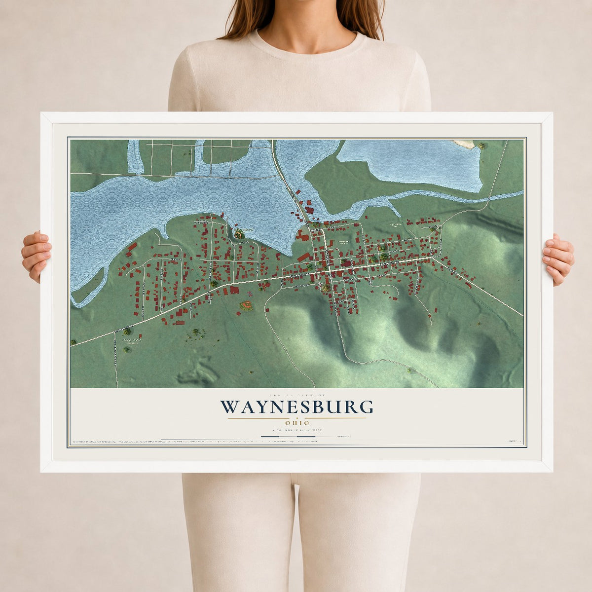 Map of Waynesburg, Ohio, 24 x 36 inch print in a white wood frame