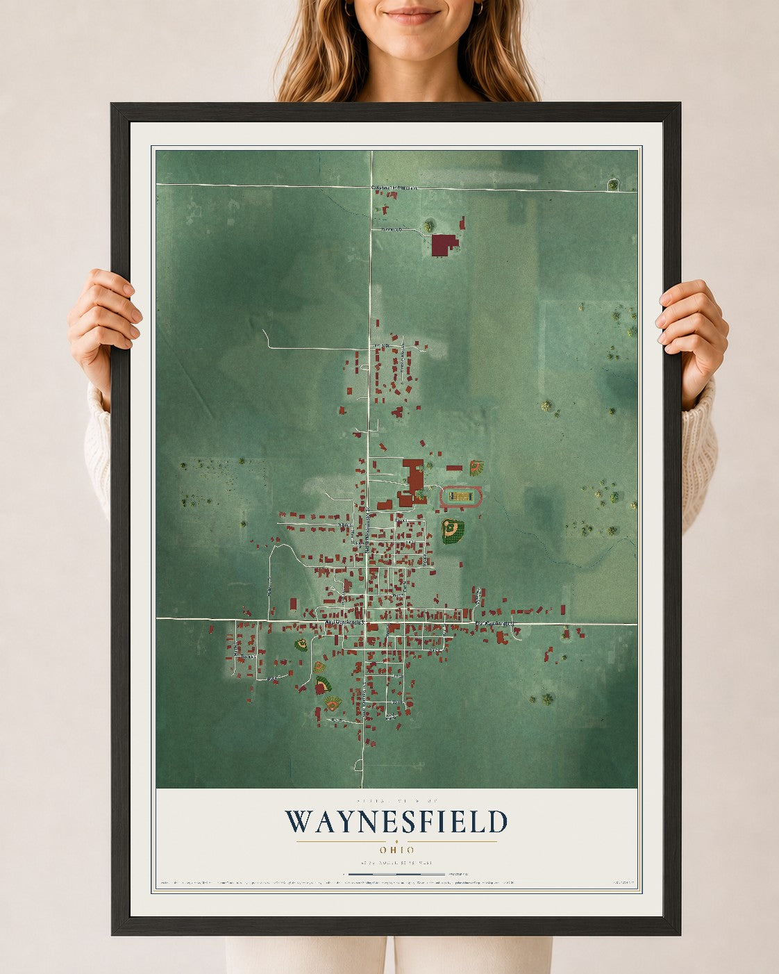 Map of Waynesfield, Ohio, 24 x 36 inch print in a black wood frame