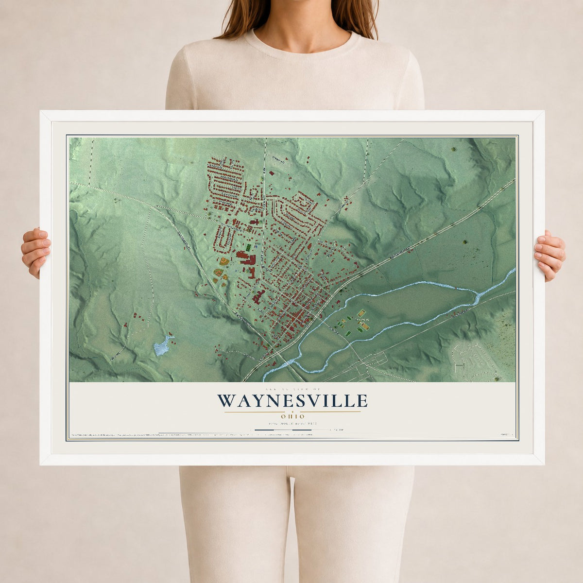 Map of Waynesville, Ohio, 24 x 36 inch print in a white wood frame