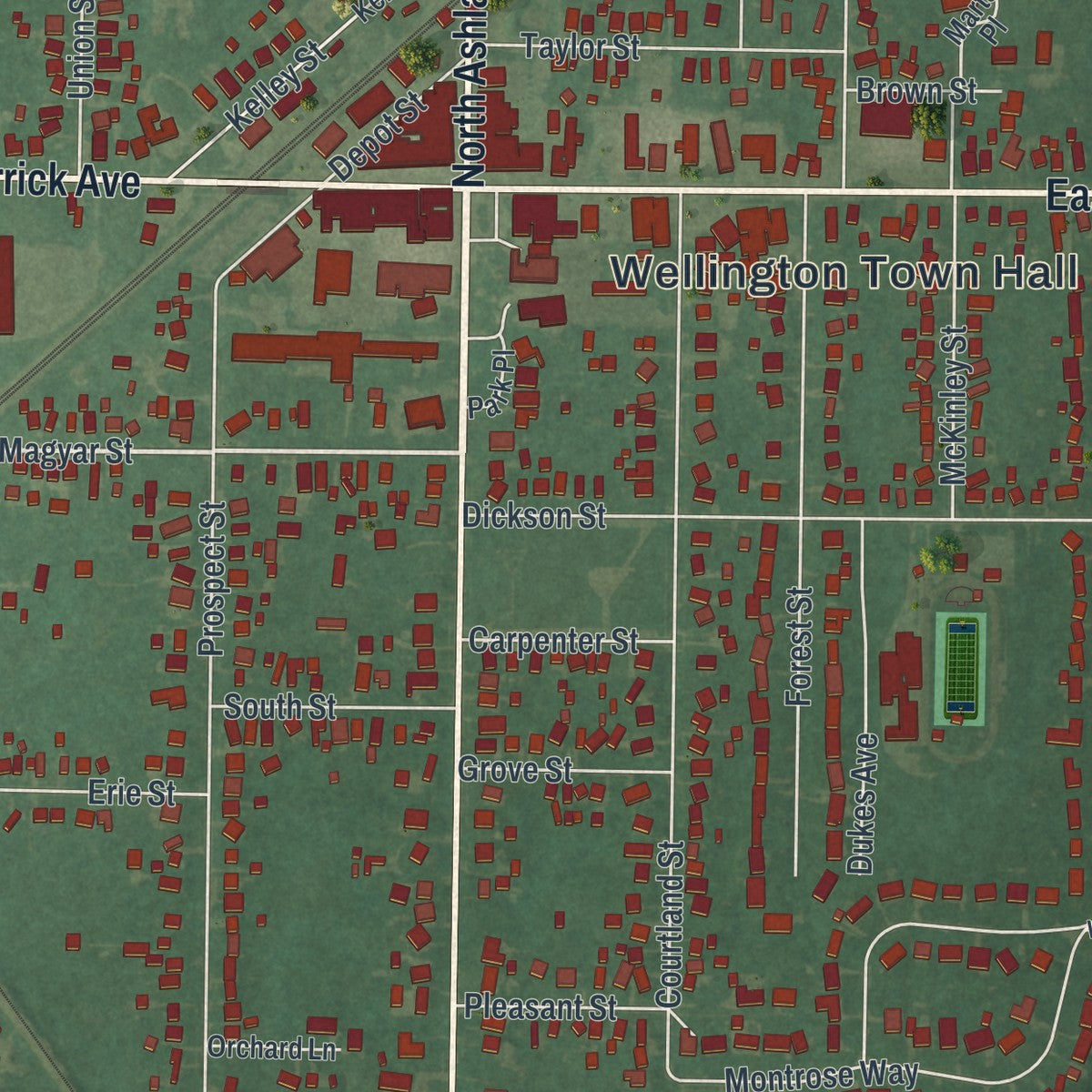 Close-up of the map of Wellington, Ohio print showing street and building detail