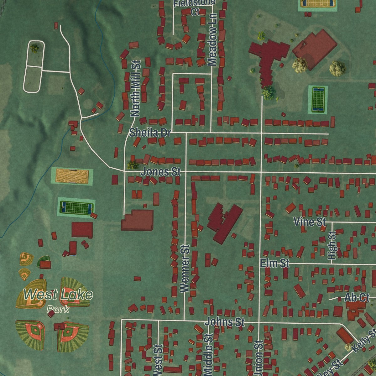 Second close-up of the map of Wellington, Ohio print showing more streets and buildings
