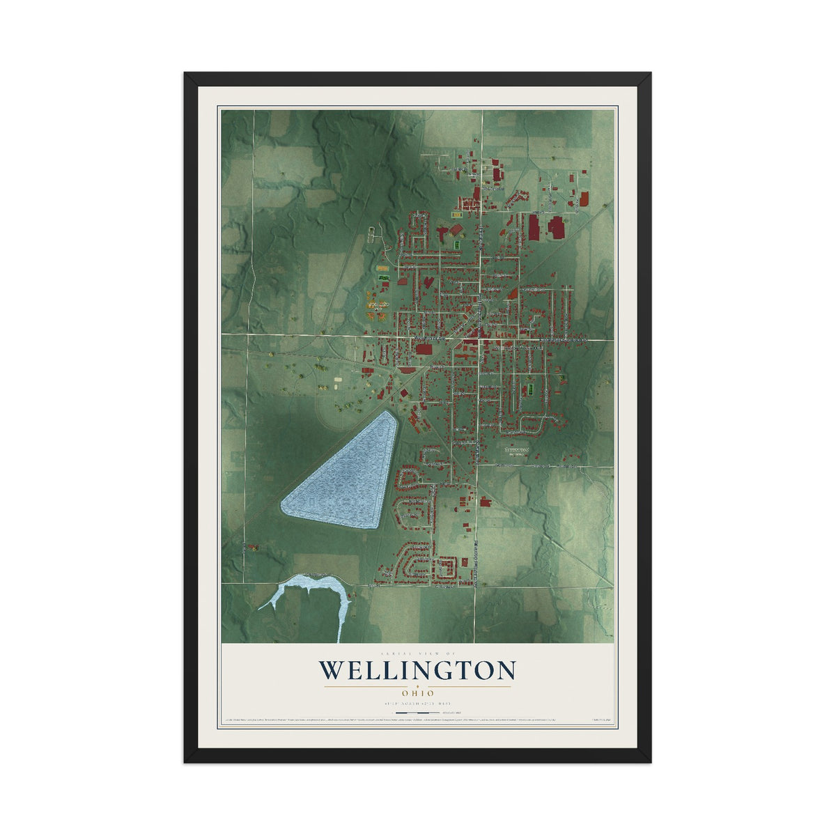 Map of Wellington, Ohio, 12 x 18 inch print in a black wood frame