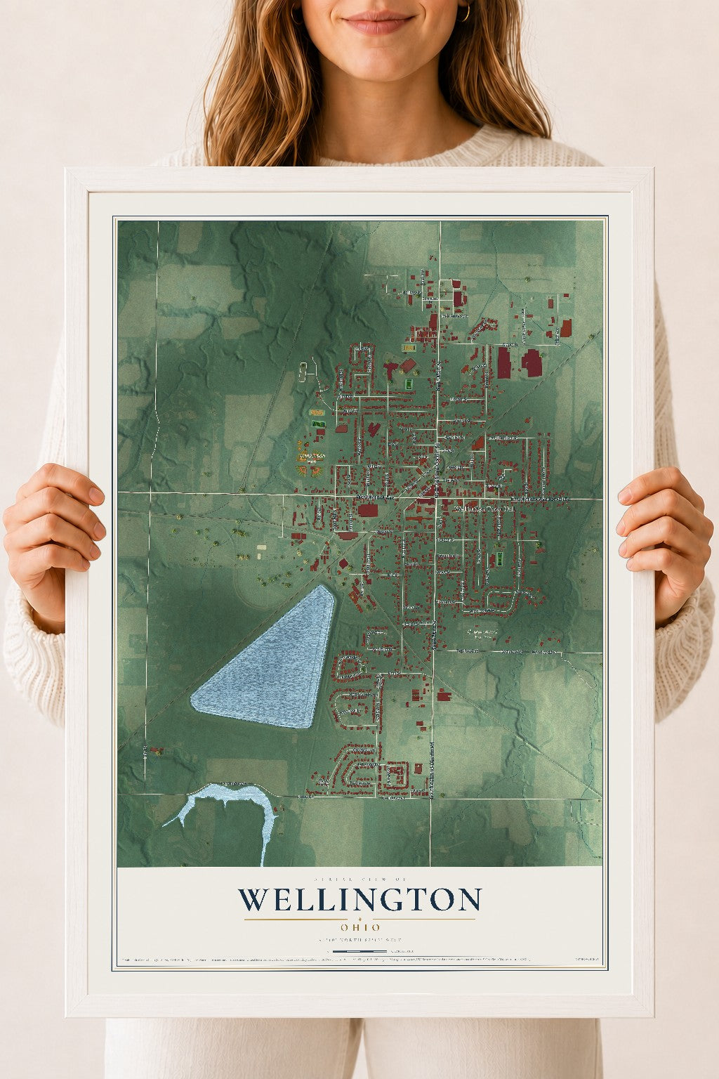 Map of Wellington, Ohio, 18 x 24 inch print in a white wood frame