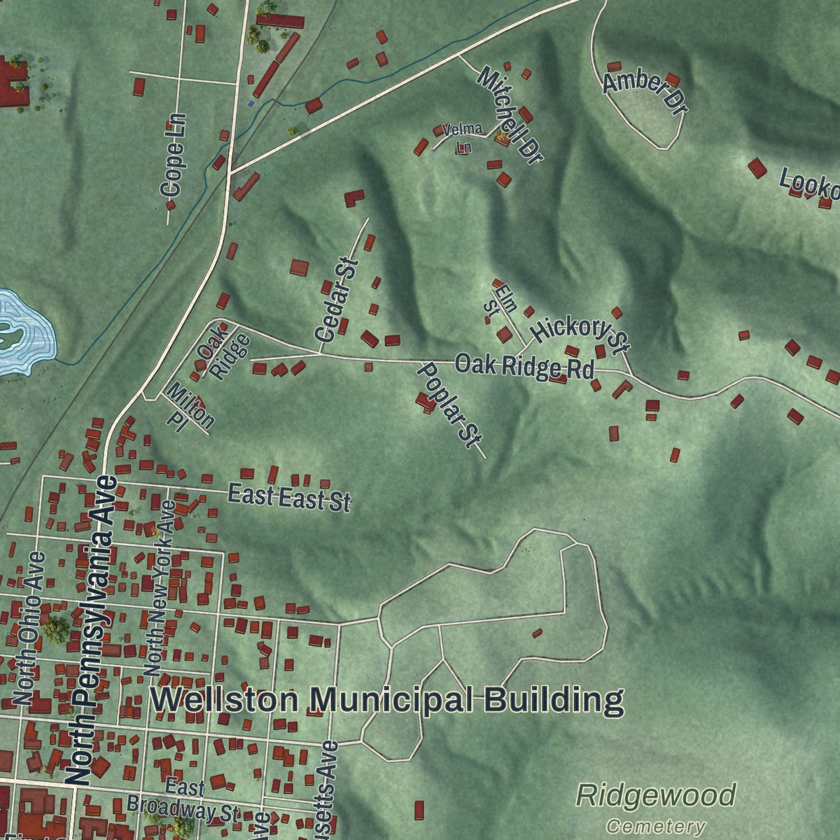 Second close-up of the map of Wellston, Ohio print showing more streets and buildings