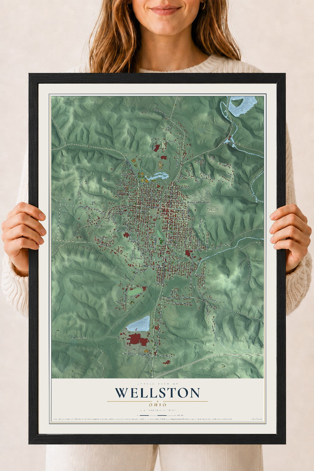 Map of Wellston, Ohio, 18 x 24 inch print in a black wood frame