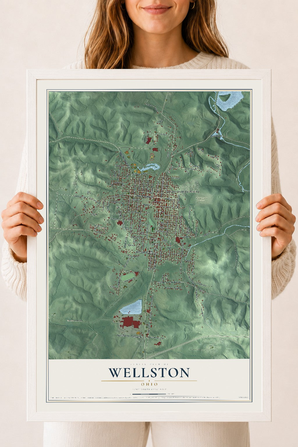 Map of Wellston, Ohio, 18 x 24 inch print in a white wood frame