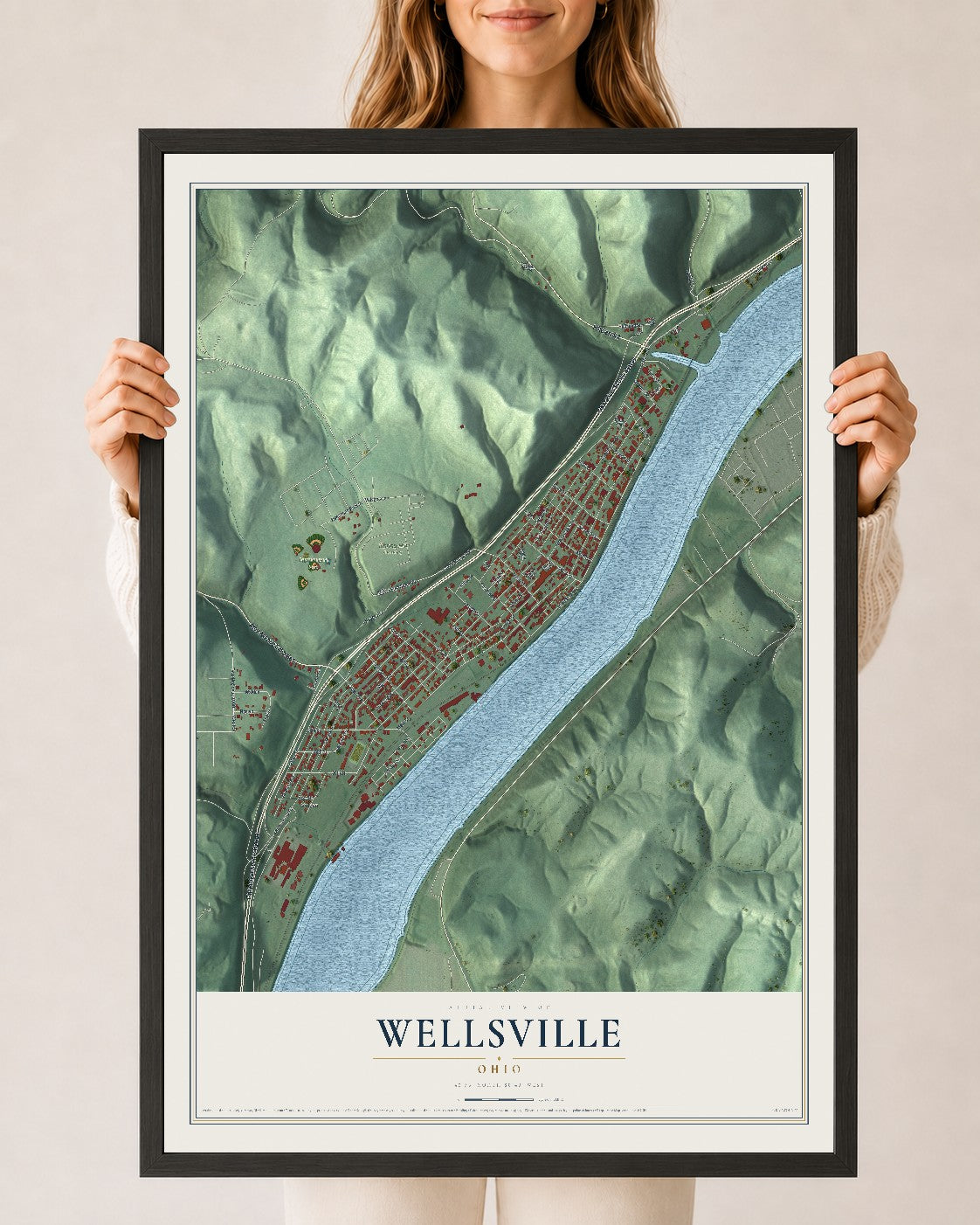 Map of Wellsville, Ohio, 24 x 36 inch print in a black wood frame
