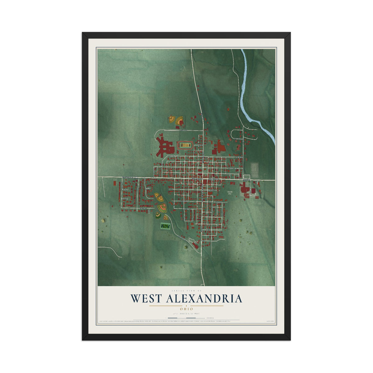 Map of West Alexandria, Ohio, 12 x 18 inch print in a black wood frame