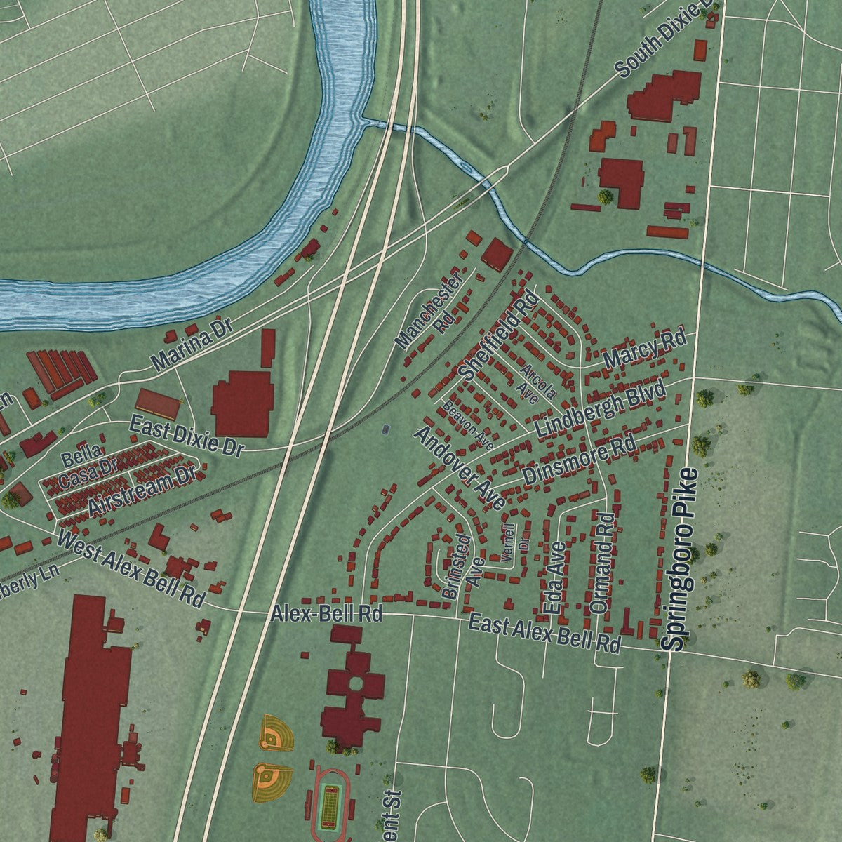 Second close-up of the map of West Carrollton, Ohio print showing more streets and buildings