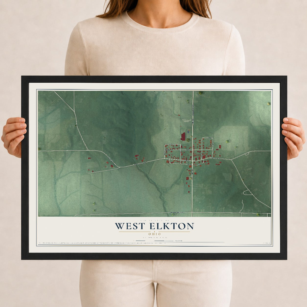 Map of West Elkton, Ohio, 12 x 18 inch print in a black wood frame