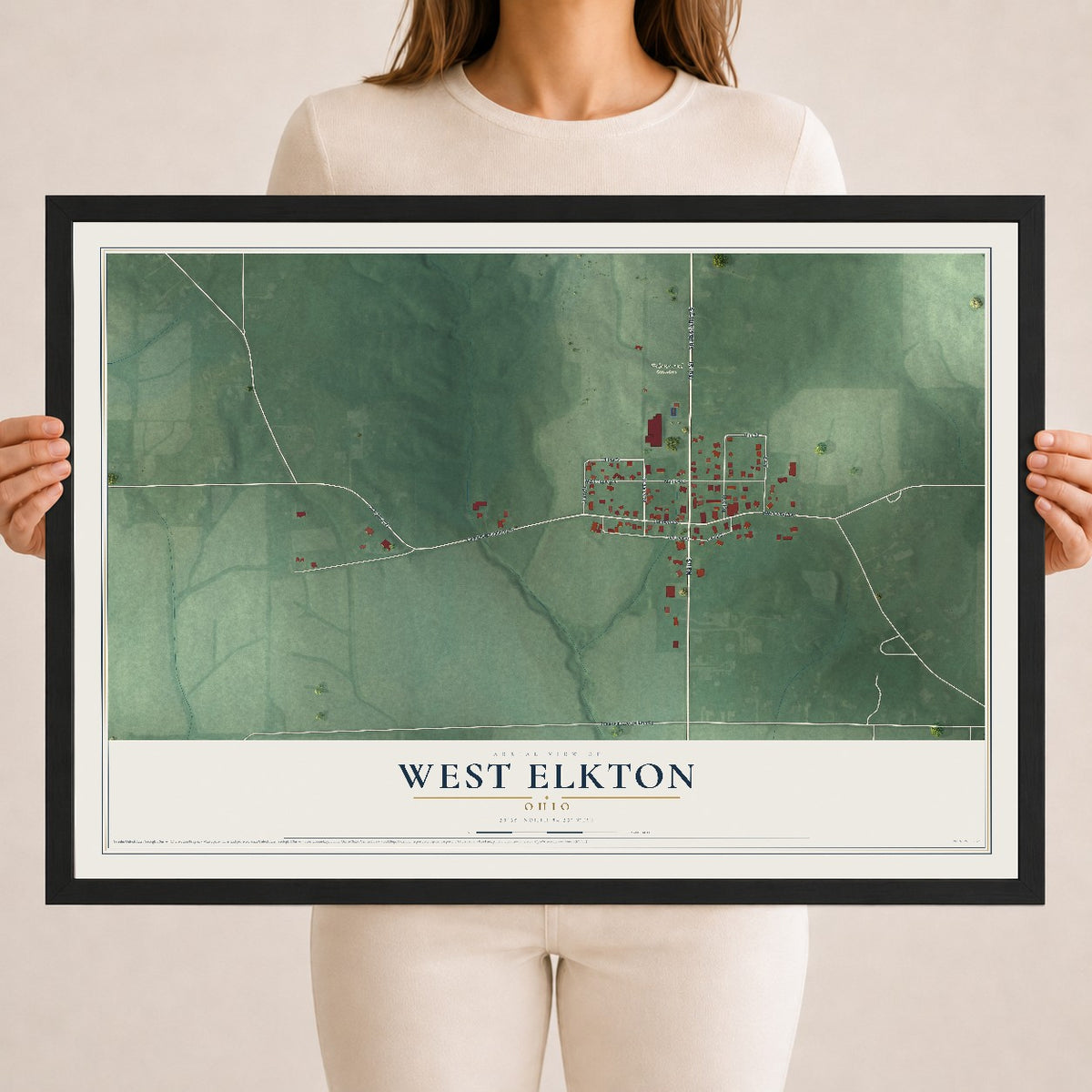 Map of West Elkton, Ohio, 18 x 24 inch print in a black wood frame
