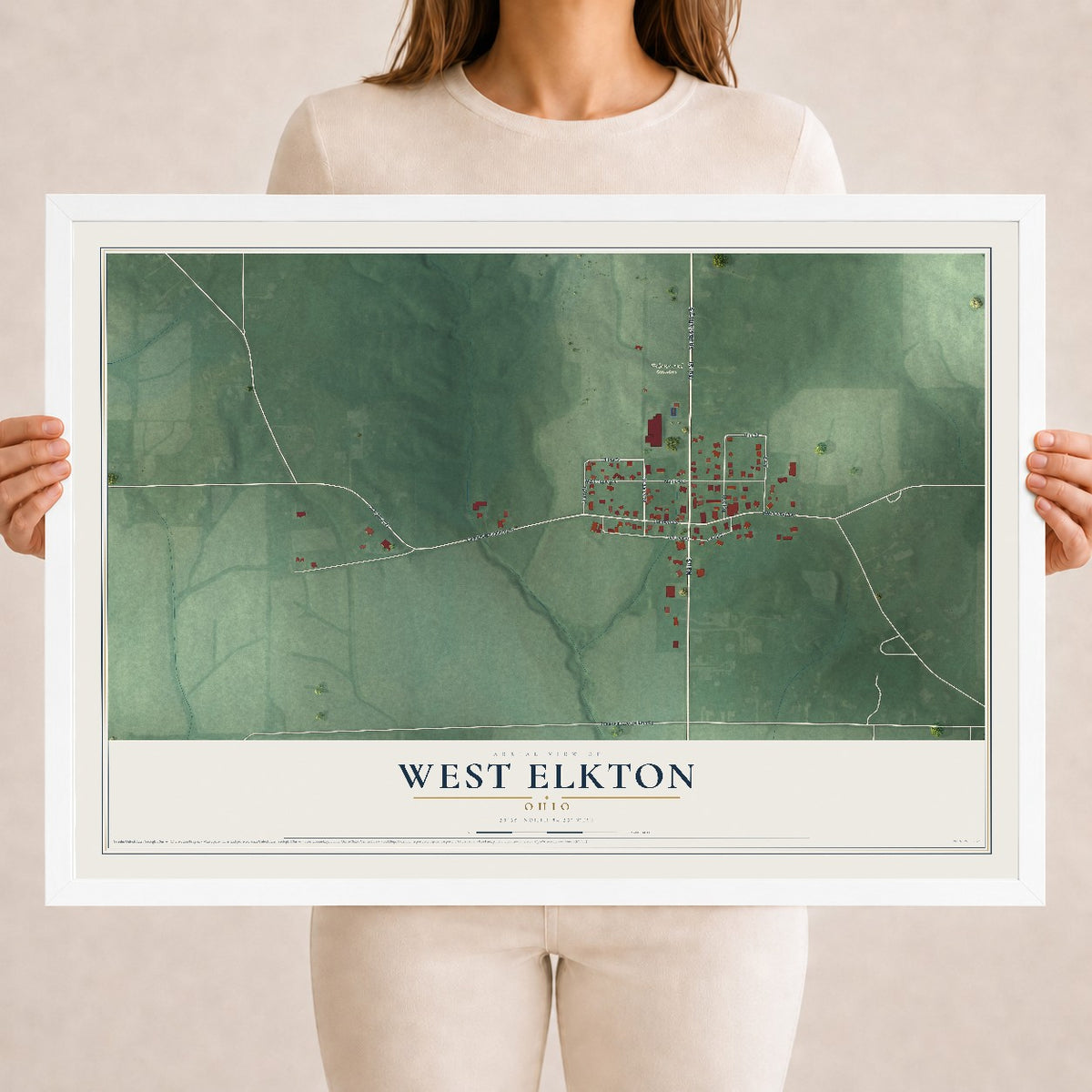 Map of West Elkton, Ohio, 18 x 24 inch print in a white wood frame