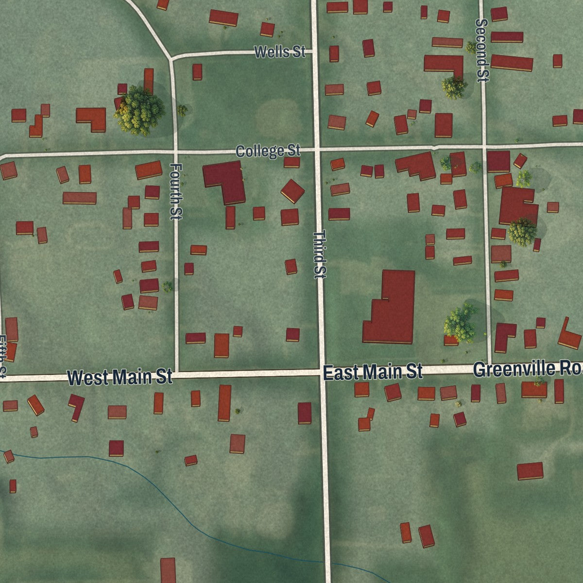Close-up of the map of West Farmington, Ohio print showing street and building detail