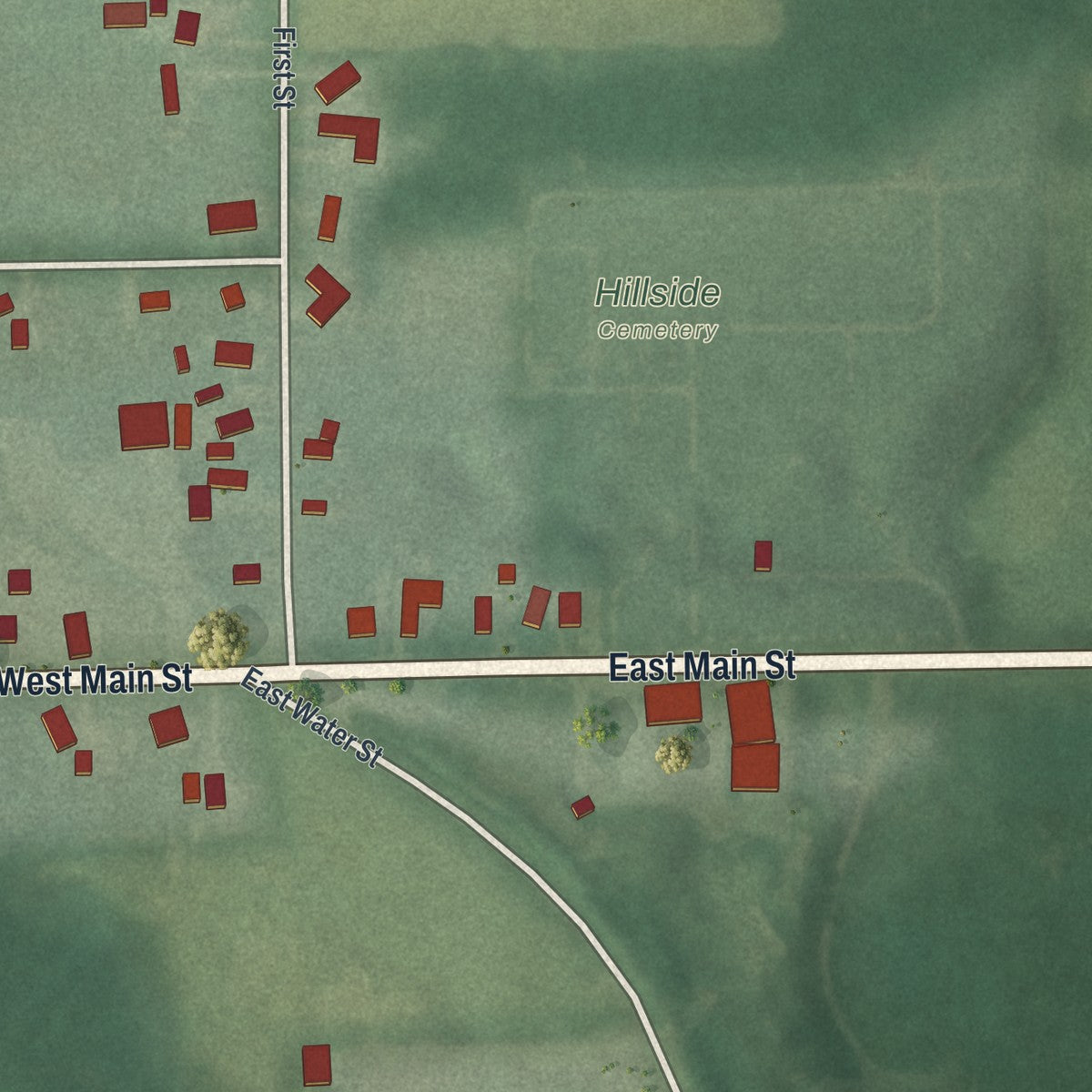 Second close-up of the map of West Farmington, Ohio print showing more streets and buildings