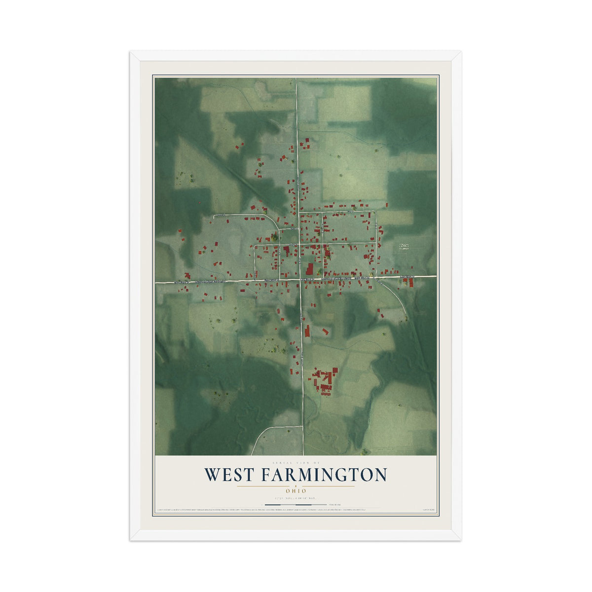 Map of West Farmington, Ohio, 12 x 18 inch print in a white wood frame