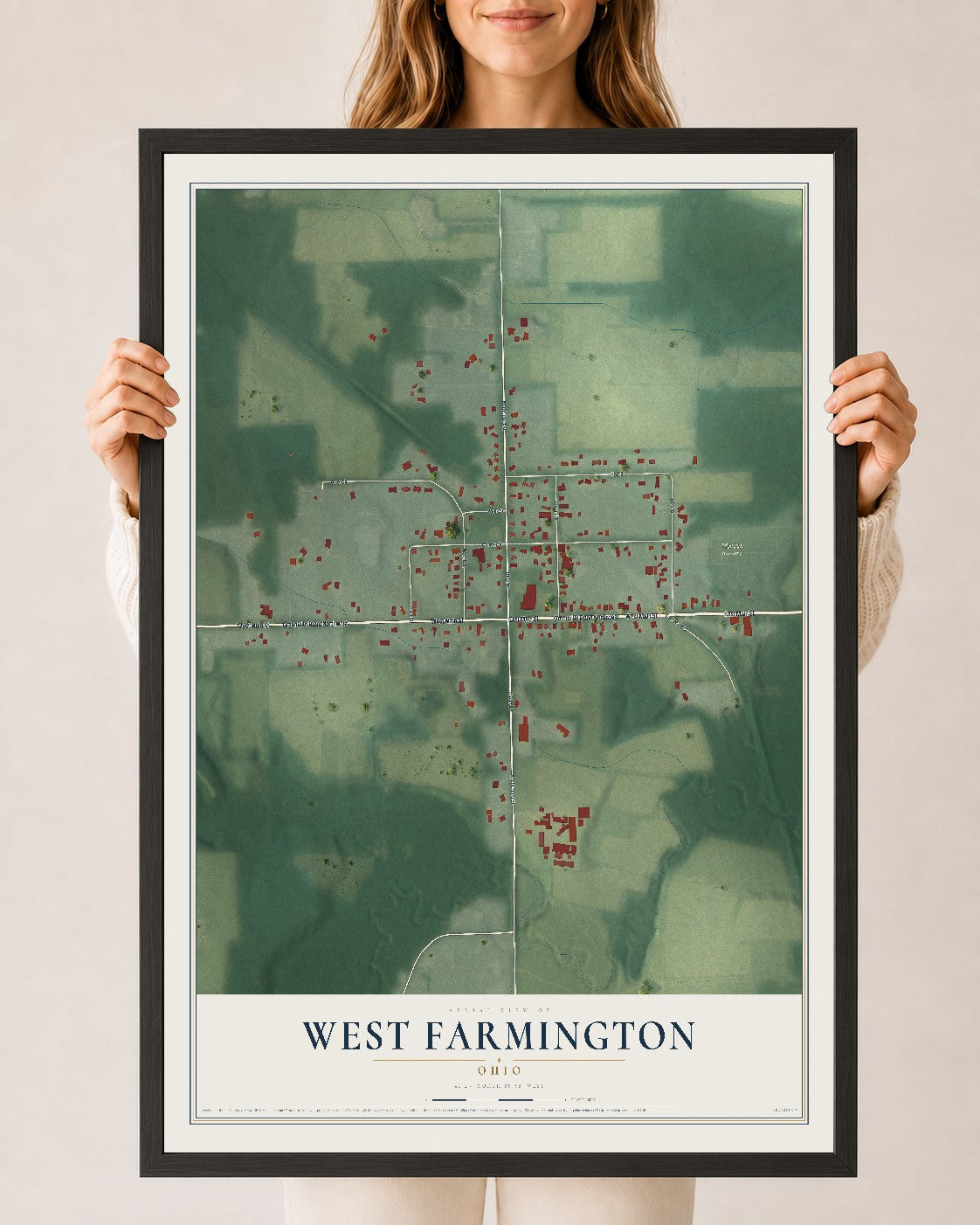 Map of West Farmington, Ohio, 24 x 36 inch print in a black wood frame