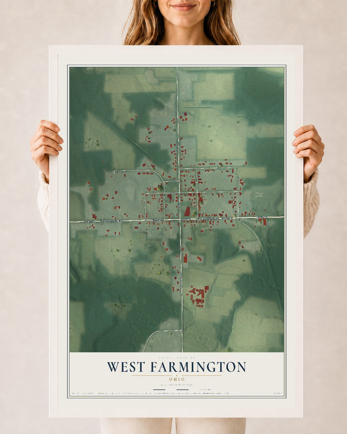Map of West Farmington, Ohio, 24 x 36 inch print in a white wood frame