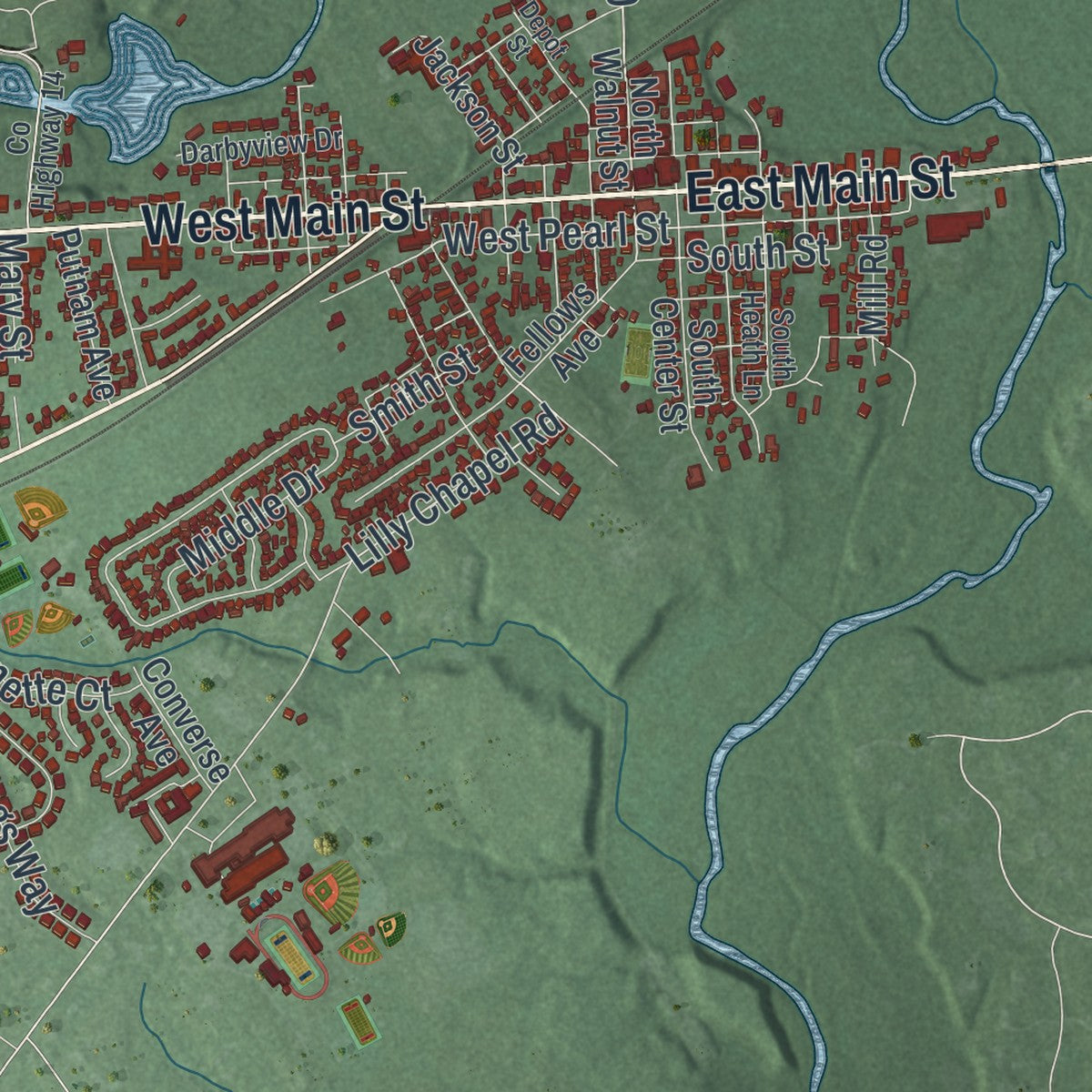 Close-up of the map of West Jefferson, Ohio print showing street and building detail