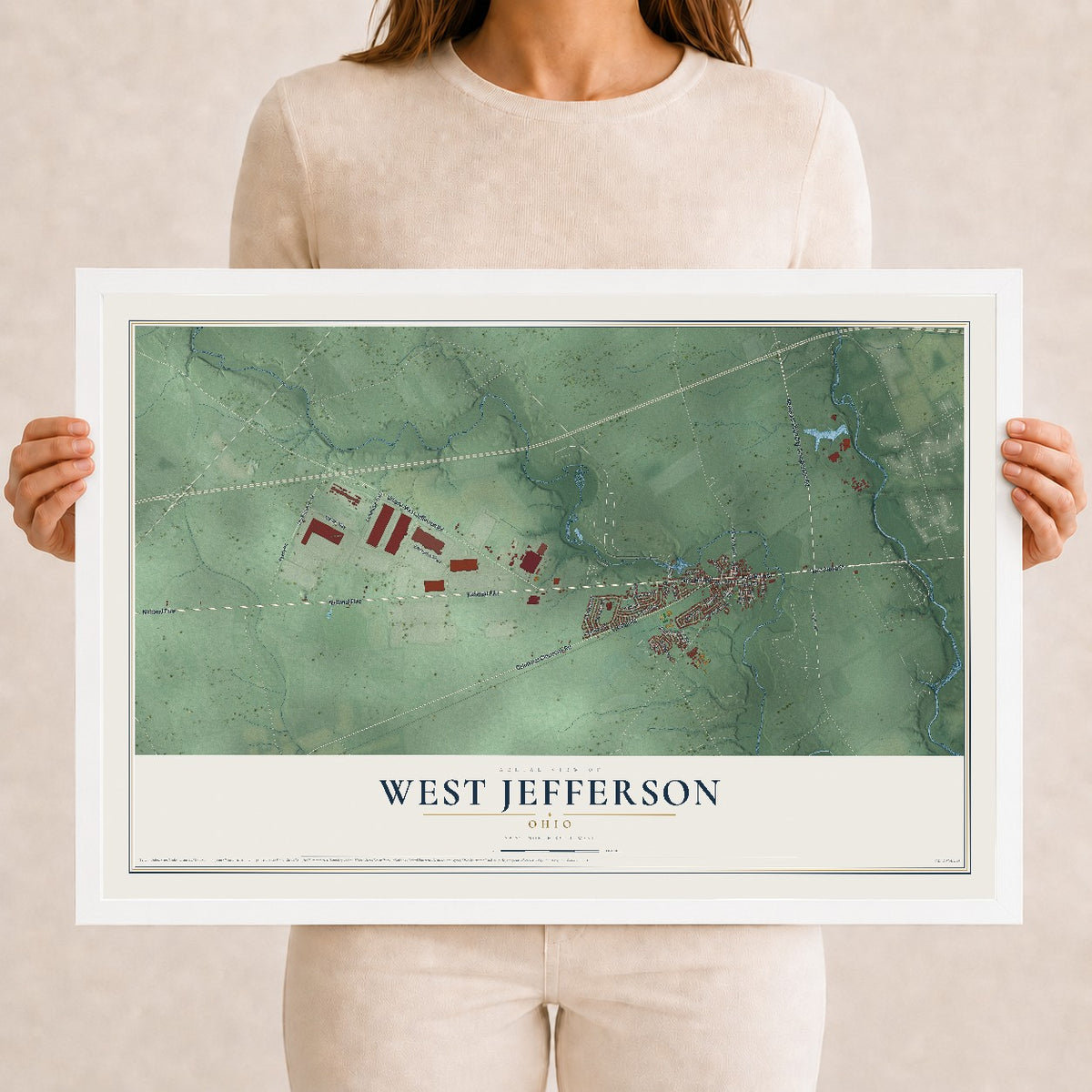 Map of West Jefferson, Ohio, 12 x 18 inch print in a white wood frame