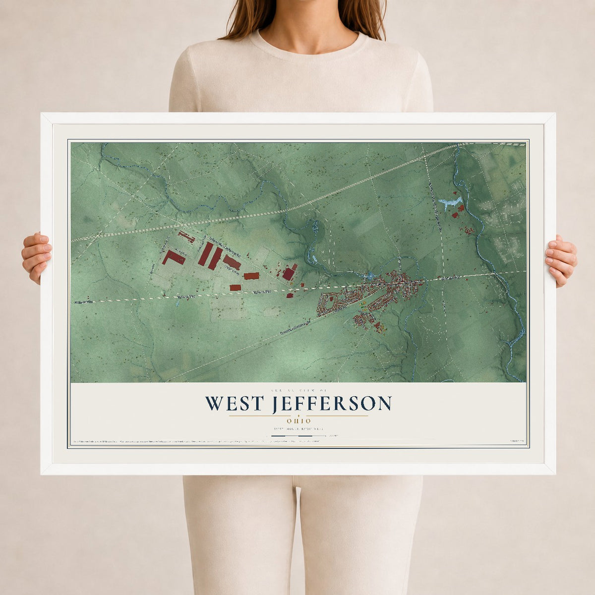 Map of West Jefferson, Ohio, 24 x 36 inch print in a white wood frame