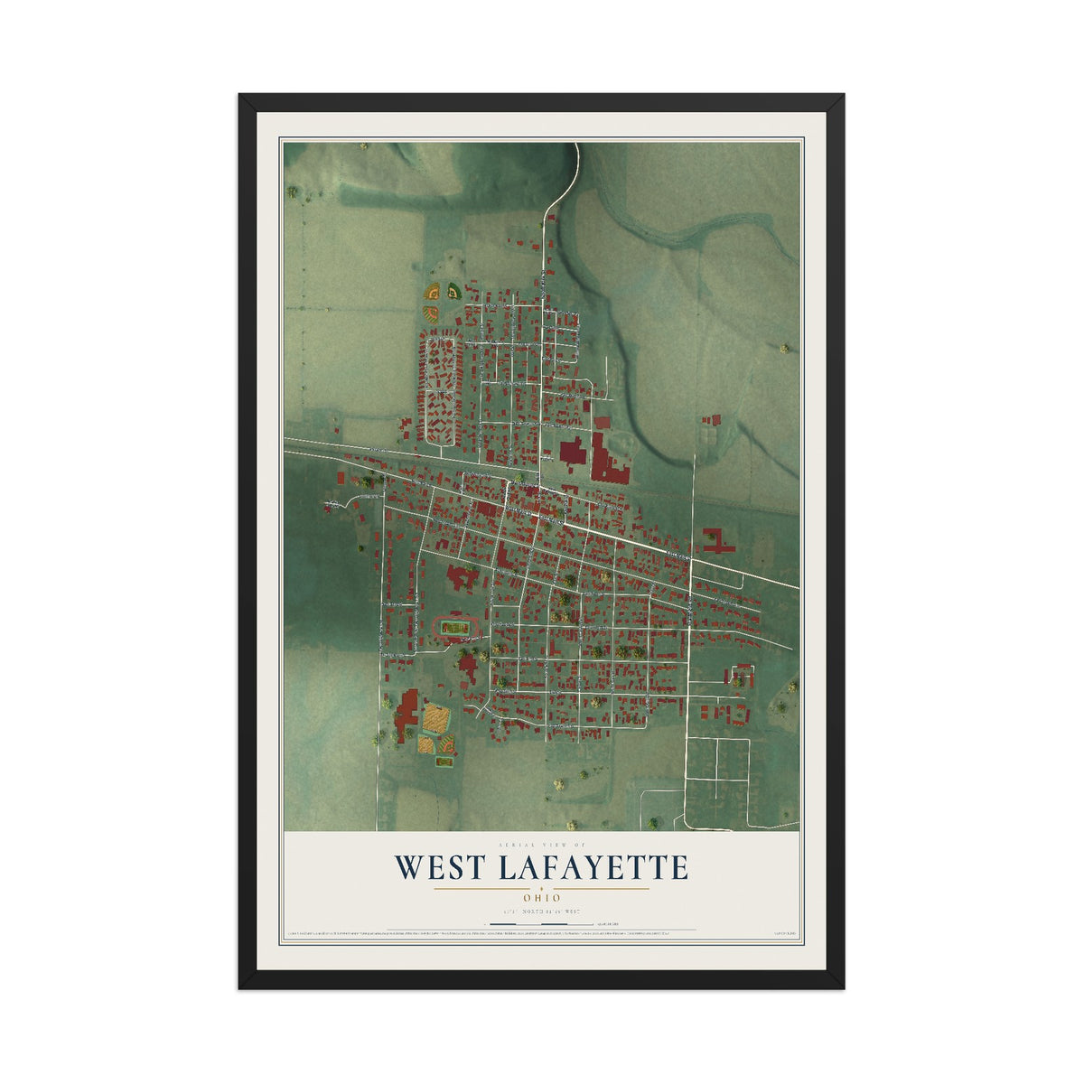 Map of West Lafayette, Ohio, 12 x 18 inch print in a black wood frame
