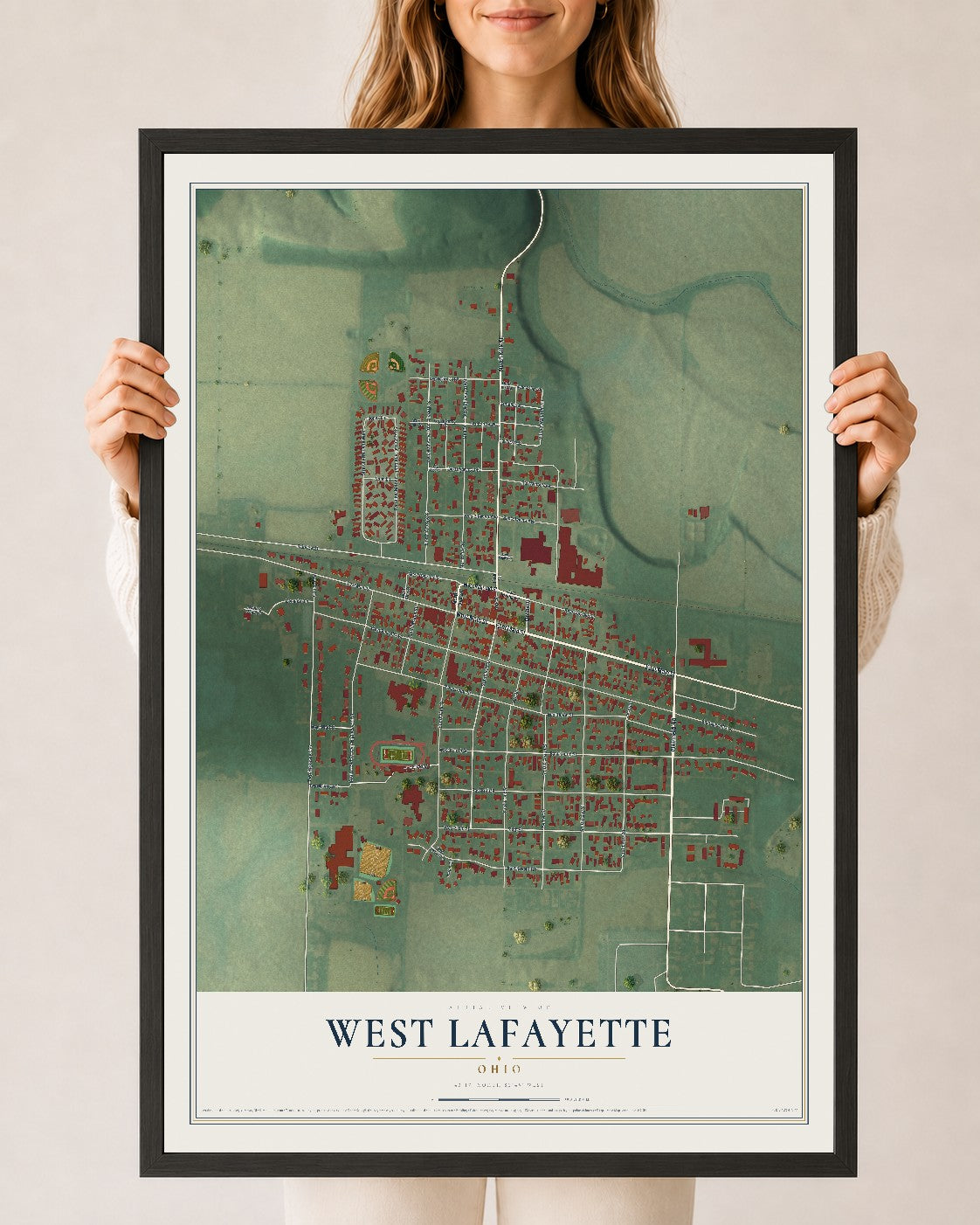 Map of West Lafayette, Ohio, 24 x 36 inch print in a black wood frame