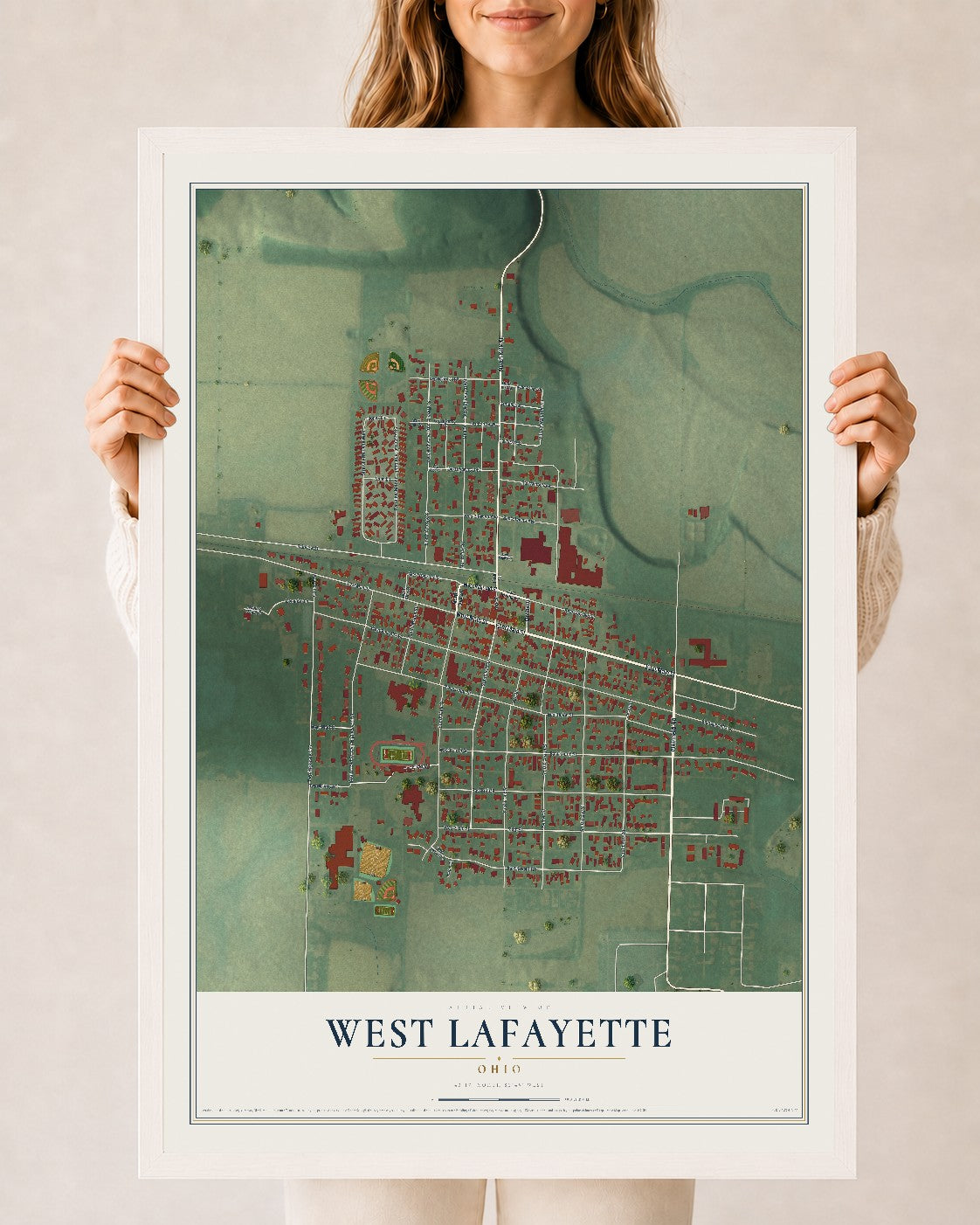 Map of West Lafayette, Ohio, 24 x 36 inch print in a white wood frame
