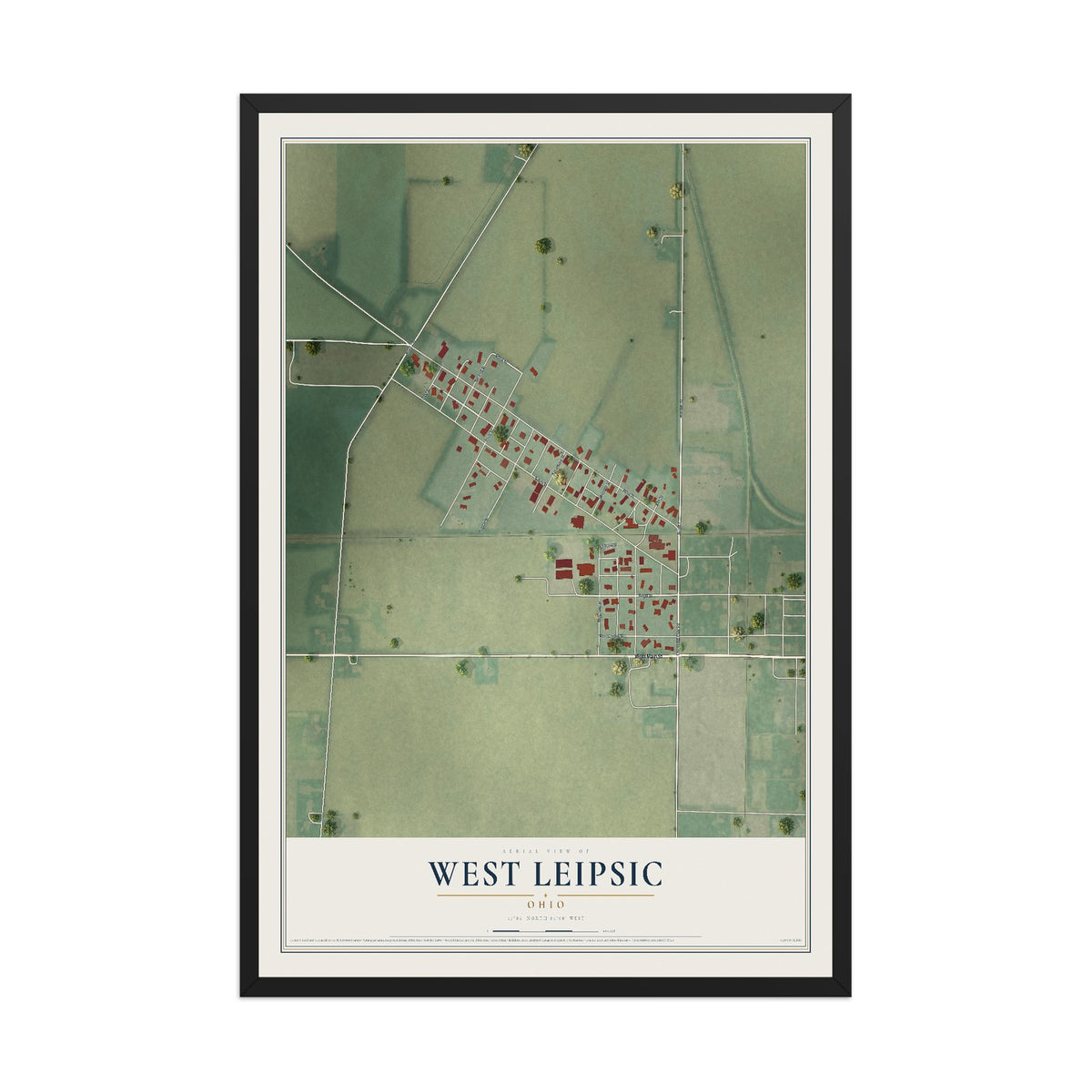 Map of West Leipsic, Ohio, 12 x 18 inch print in a black wood frame
