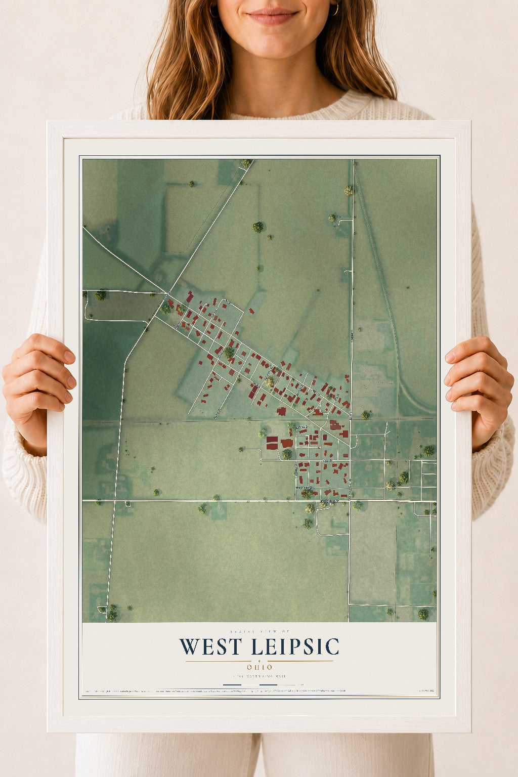 Map of West Leipsic, Ohio, 18 x 24 inch print in a white wood frame