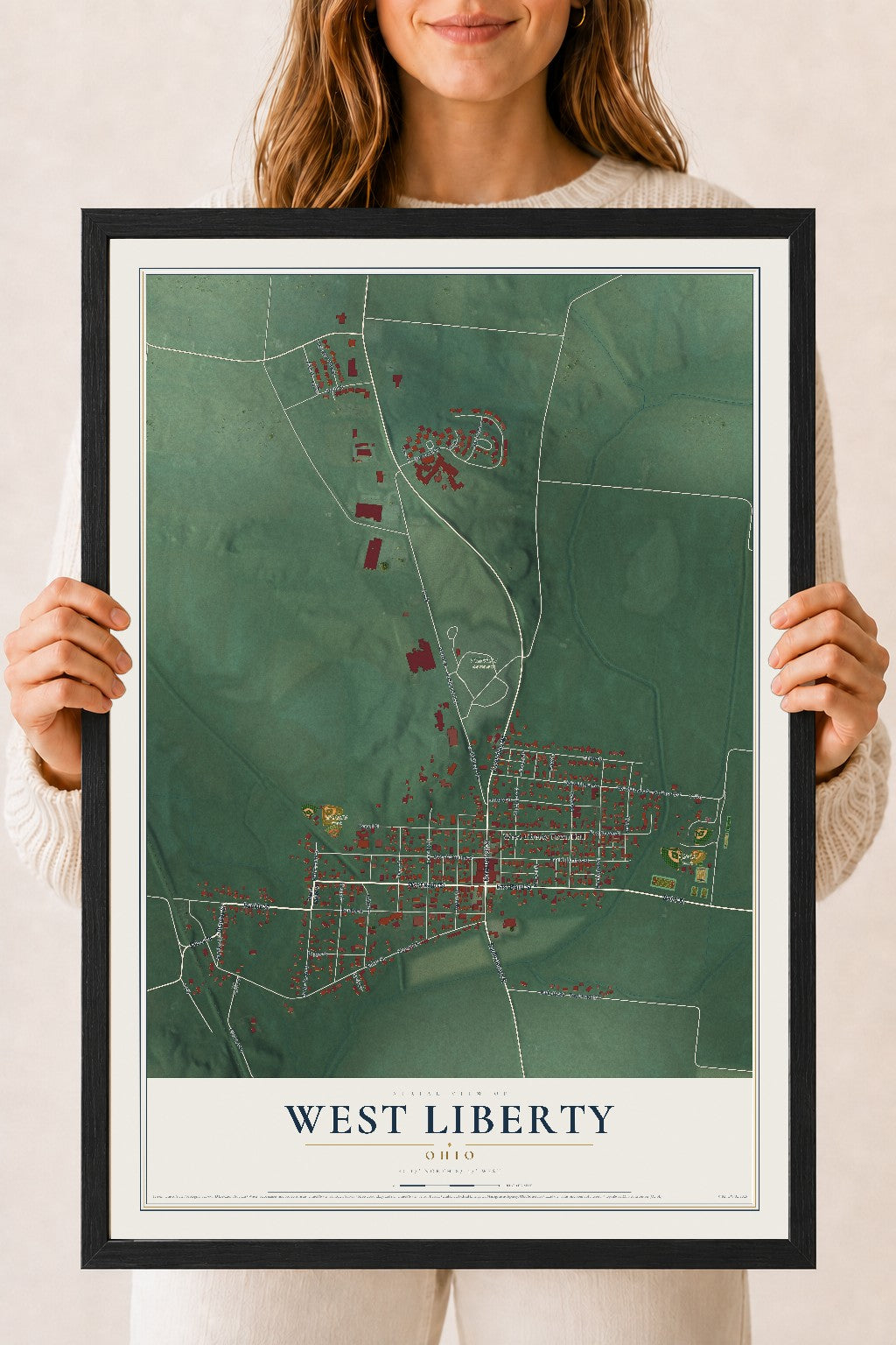 Map of West Liberty, Ohio, 18 x 24 inch print in a black wood frame