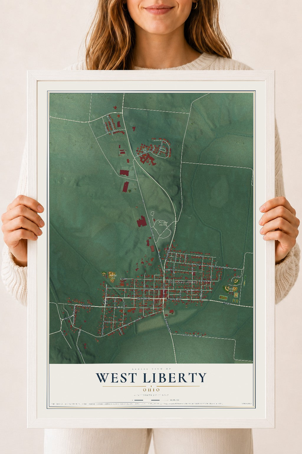 Map of West Liberty, Ohio, 18 x 24 inch print in a white wood frame