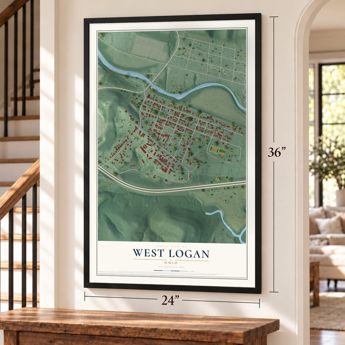 West Logan, Ohio map, 24 x 36 inch print in a black frame by a staircase