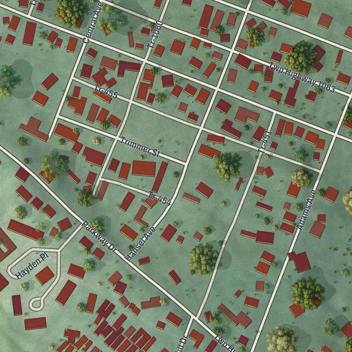 Close-up of the map of West Logan, Ohio print showing street and building detail