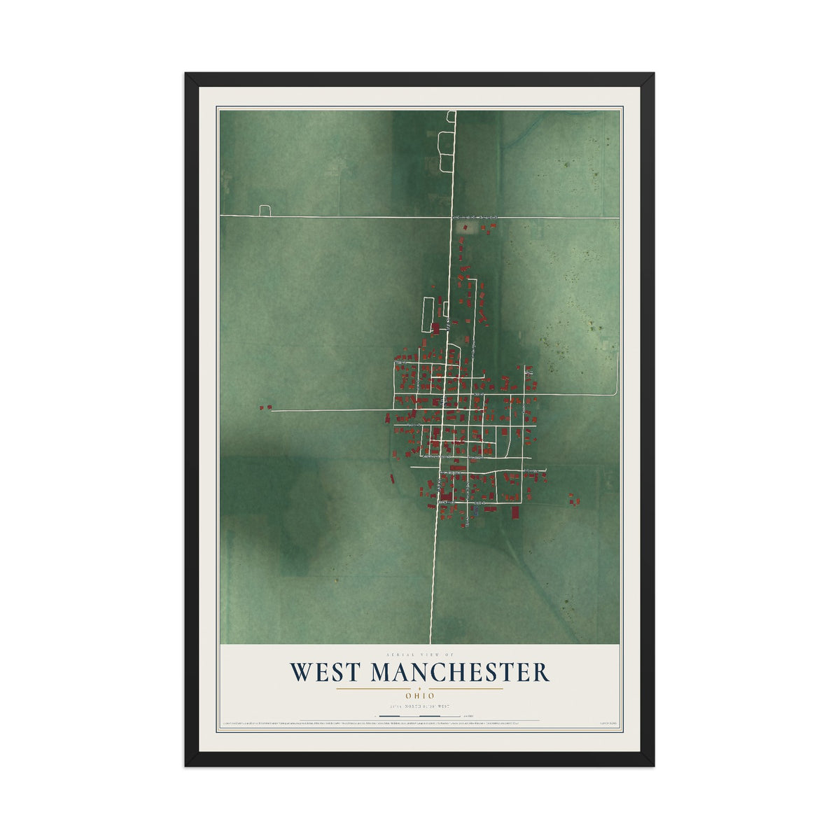 Map of West Manchester, Ohio, 12 x 18 inch print in a black wood frame