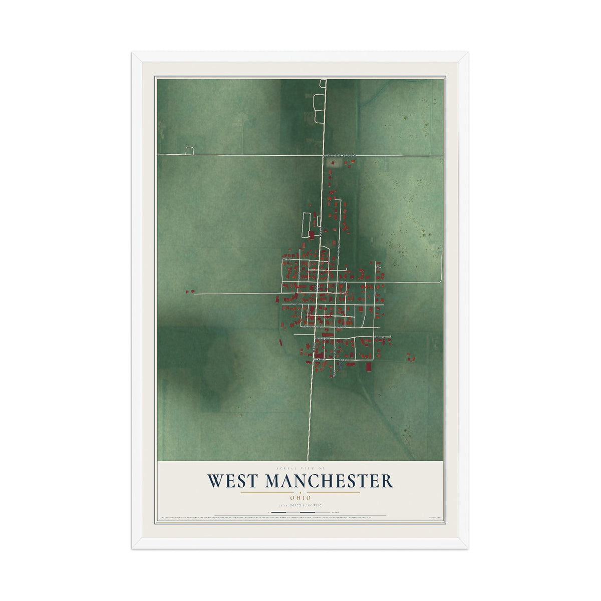Map of West Manchester, Ohio, 12 x 18 inch print in a white wood frame