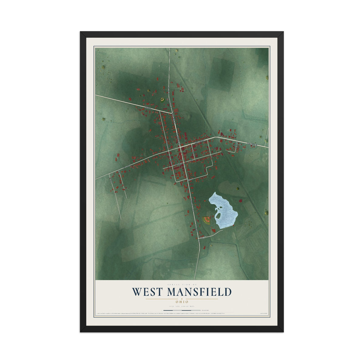 Map of West Mansfield, Ohio, 12 x 18 inch print in a black wood frame
