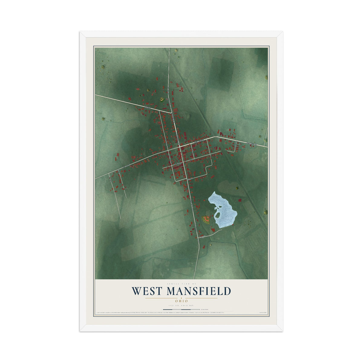 Map of West Mansfield, Ohio, 12 x 18 inch print in a white wood frame