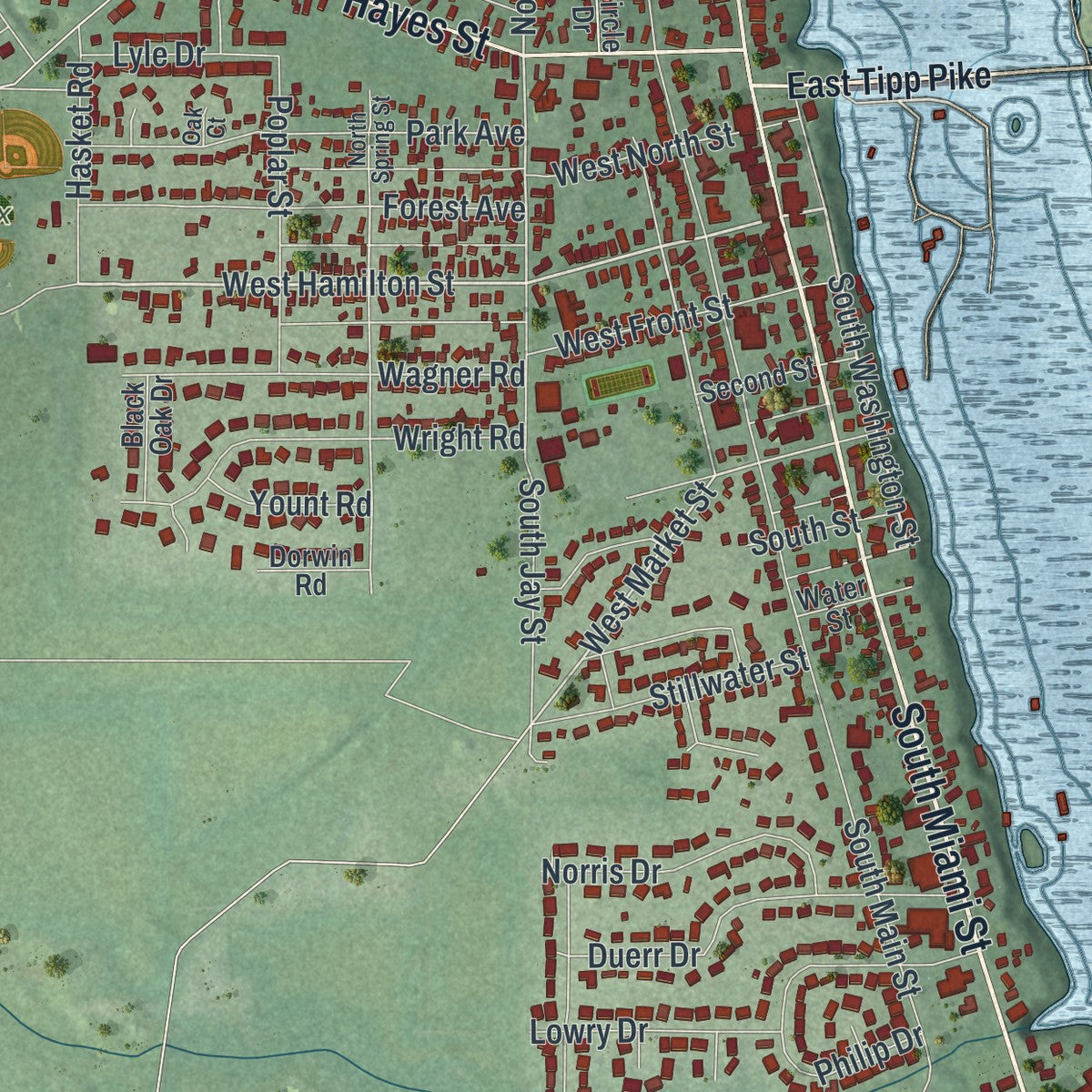 Close-up of the map of West Milton, Ohio print showing street and building detail