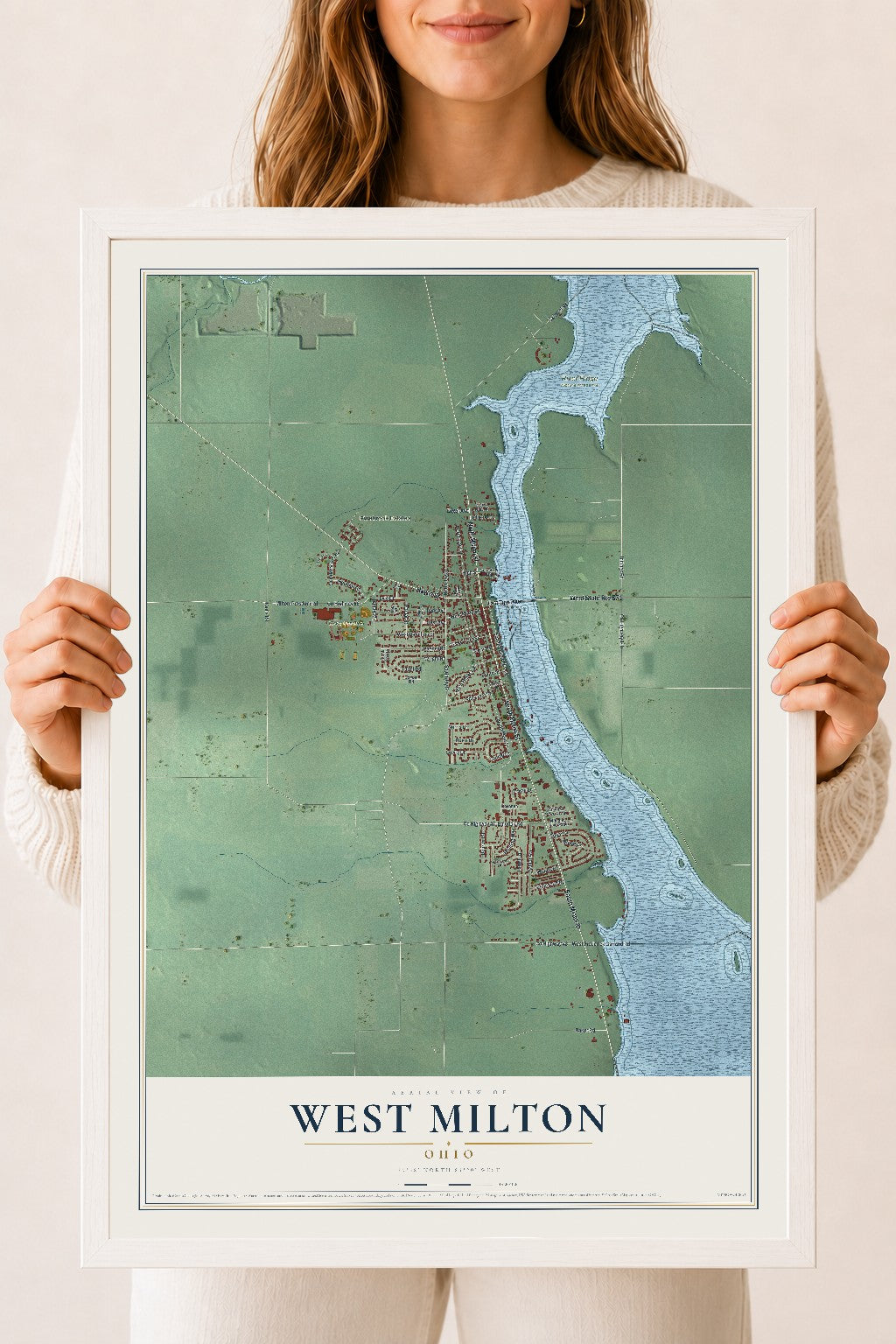 Map of West Milton, Ohio, 18 x 24 inch print in a white wood frame