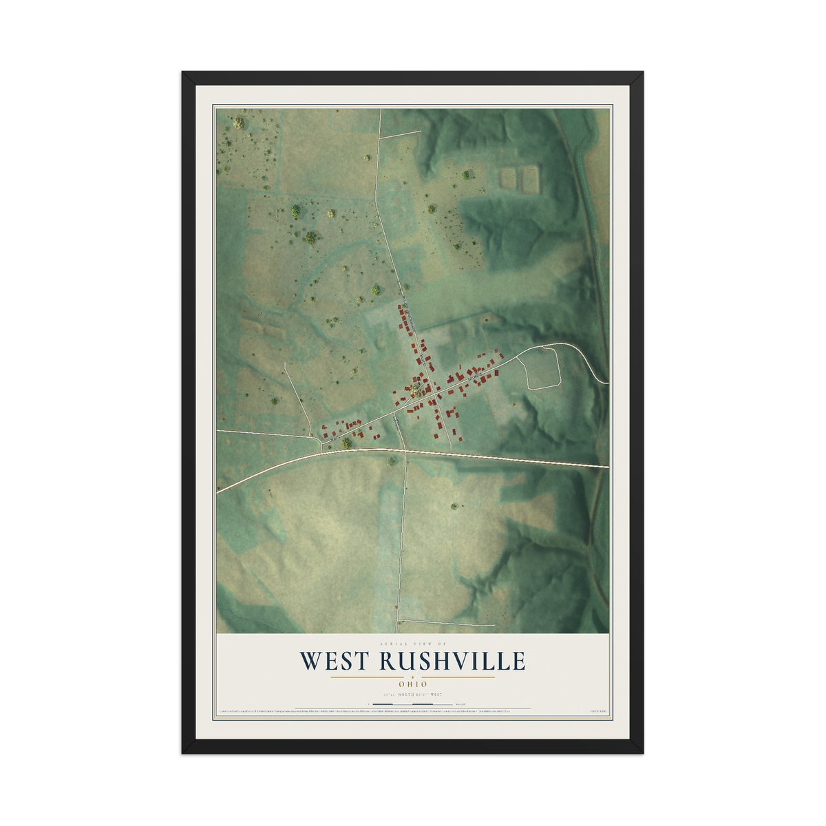 Map of West Rushville, Ohio, 12 x 18 inch print in a black wood frame