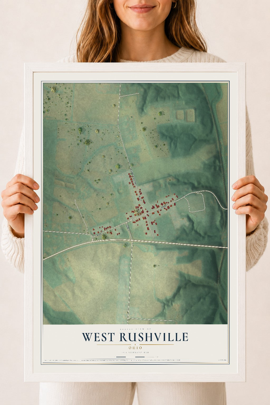Map of West Rushville, Ohio, 18 x 24 inch print in a white wood frame